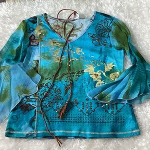 Forbidden Artistic Boho Blue and Green Women's Blouse L